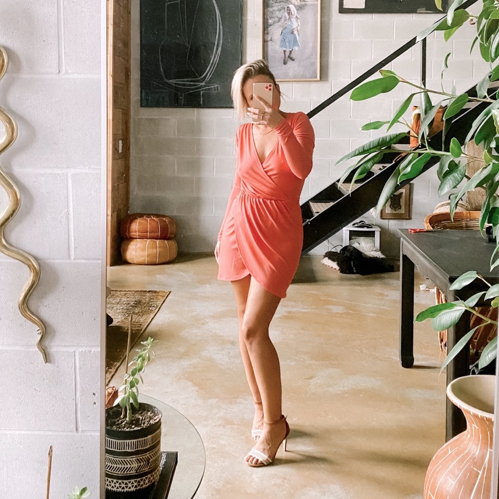 Coral wrap front mini dress from Topshop